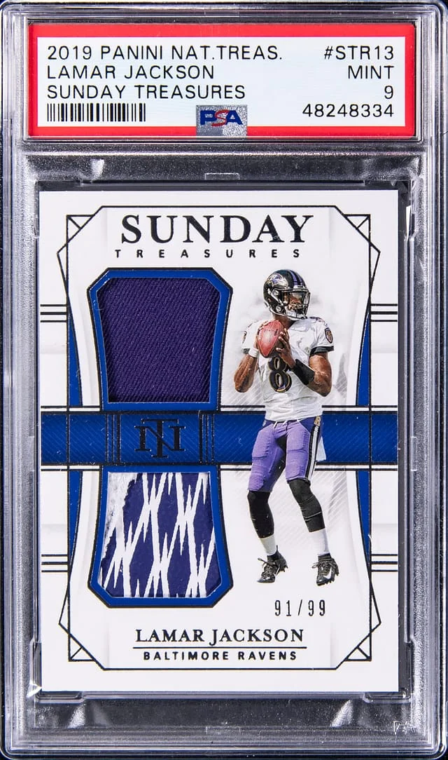 2019 Panini National Treasures Lamar Jackson Sunday Treasures #STR-13 card image