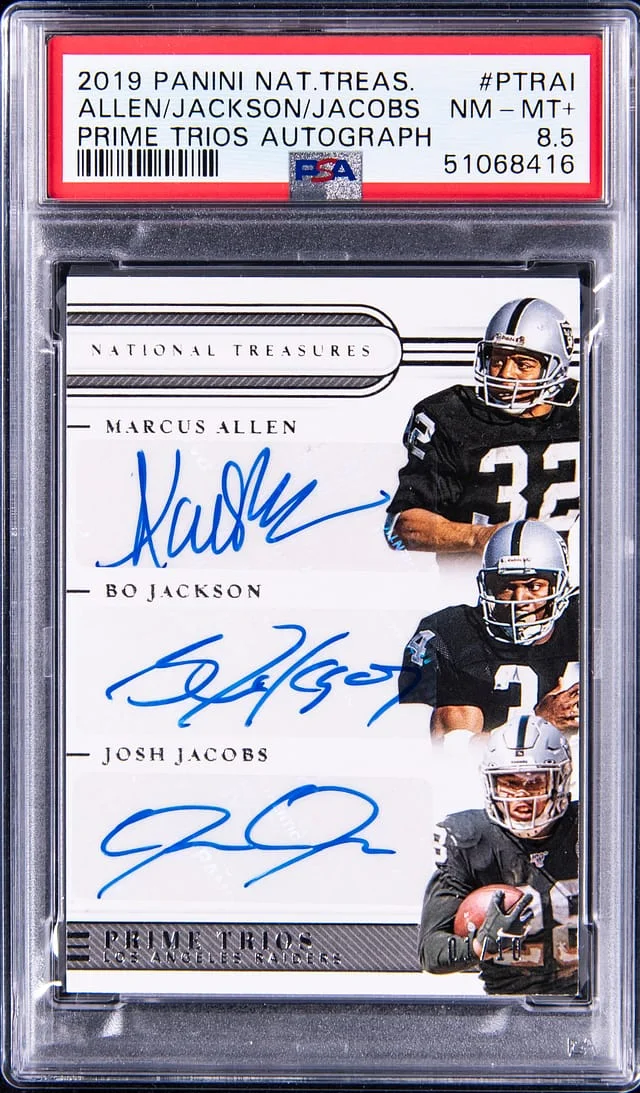 2019 Panini National Treasures Marcus Allen/Bo Jackson/Josh Jacobs Multi-Signed Prime Trios Autograph #PTRAI card image