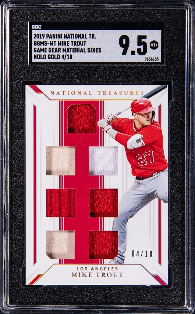 2019 Panini National Treasures Mike Trout Game Gear Material Sixes Holo Gold #GGMS-MT card image