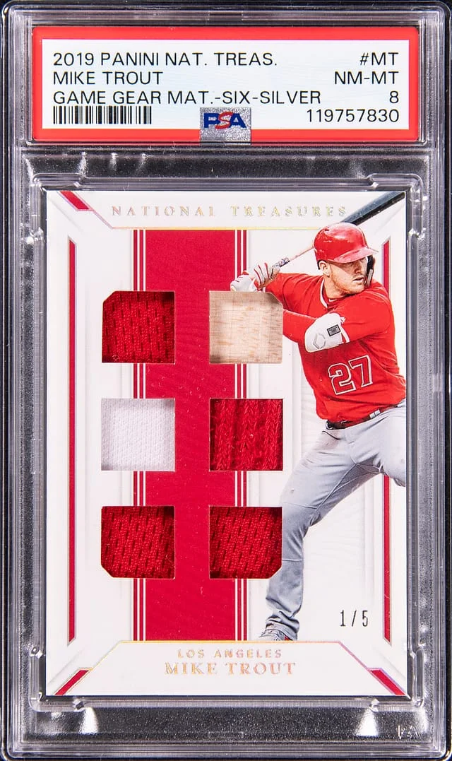 2019 Panini National Treasures Mike Trout Game Gear Materil Six Silver #MT card image
