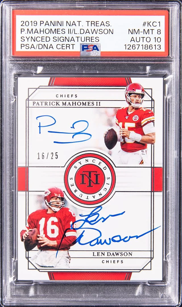 2019 Panini National Treasures Patrick Mahomes II/Len Dawson Synced Signatures #SS-KC1 card image