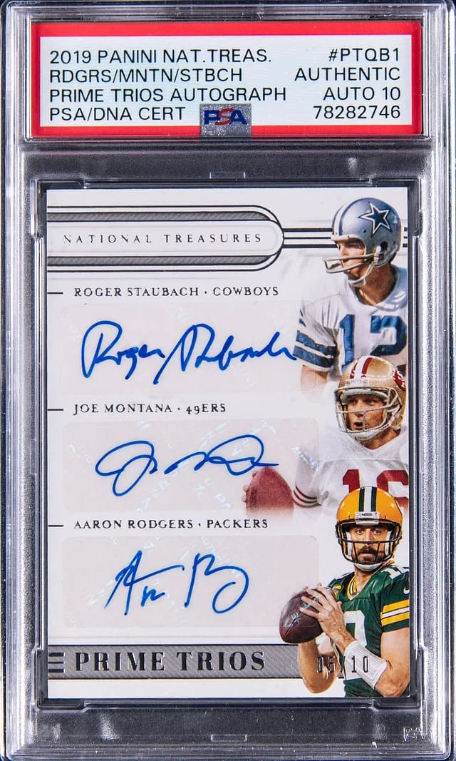 2019 Panini National Treasures Roger Staubach/Joe Montana/Aaron Rodgers Multi-Signed Prime Trios Autograph #PT-QB1 card image