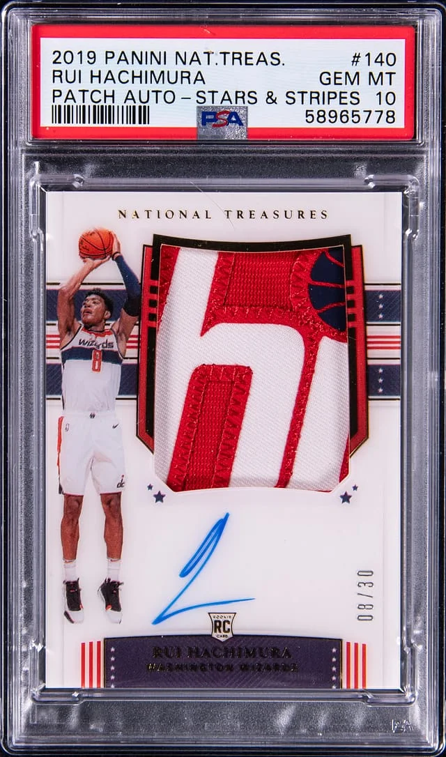2019 Panini National Treasures Rui Hachimura Patch Autograph-Stars & Stripes #140 card image