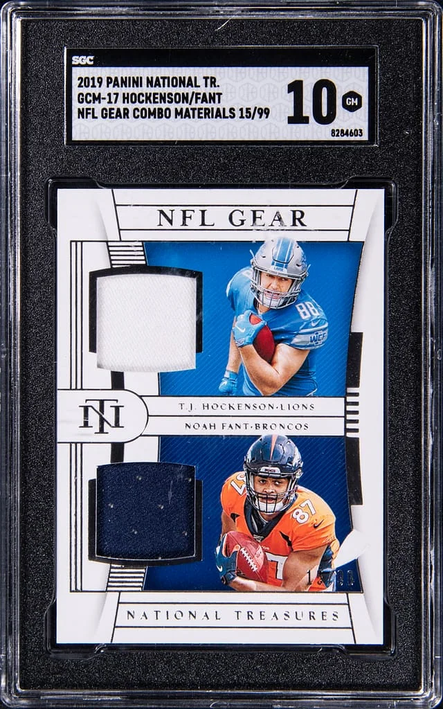 2019 Panini National Treasures T.J Hockenson/Noah Fant NFL Gear Combo Materials #GCM-17 card image