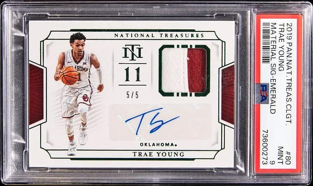 2019 Panini National Treasures Trae Young Collegiate Material Signature Emerald #80 card image