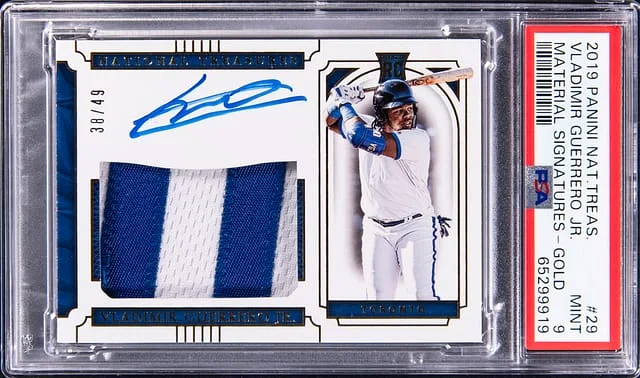2019 Panini National Treasures Vladimir Guerrero Jr. Material Signatures Gold #29 card image