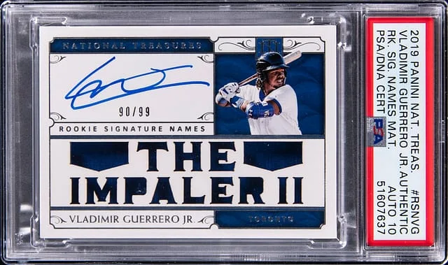 2019 Panini National Treasures Vladimir Guerrero Jr. Signature Names Materials #RSN-VG card image