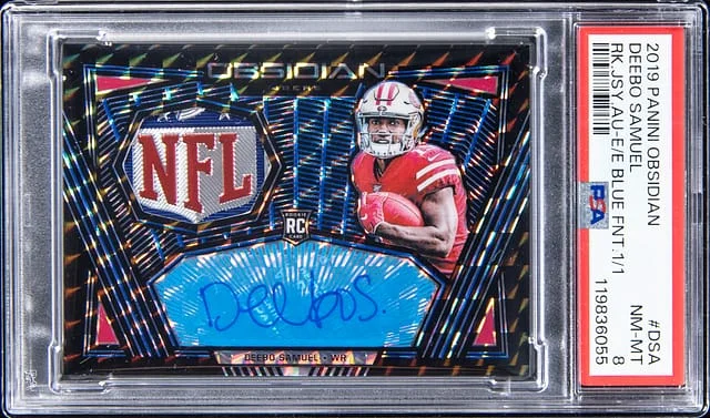 2019 Panini Obsidian Deebo Samuel Jersey Autograph Electric Etch Blue Finite #RJA-DSA card image