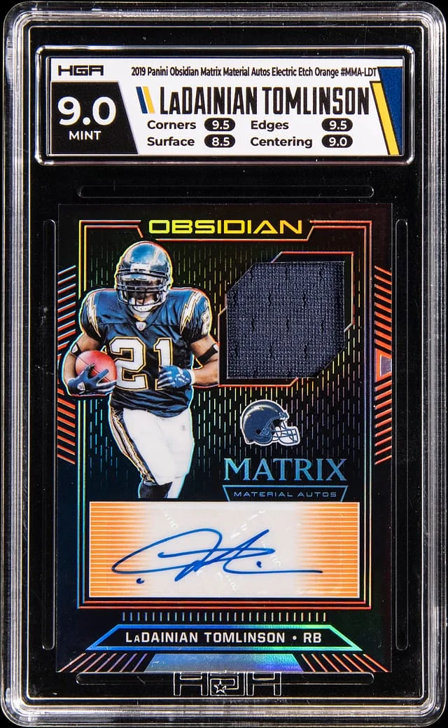 2019 Panini Obsidian LaDainian Tomlinson Matrix Material Autographs Electric Etch Orange #MMA-LDT card image