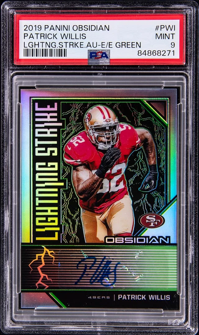 2019 Panini Obsidian Patrick Willis Lightning Strike Autograph Electric Etch Green #PWI card image
