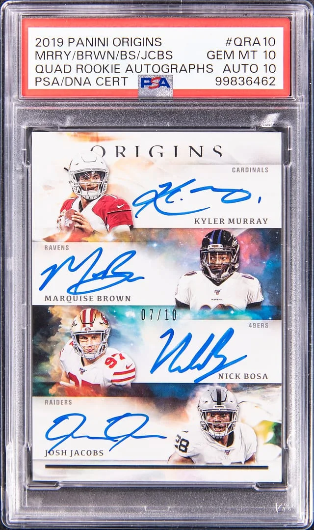 2019 Panini Origins Kyle Murray/Marquise Brown/Nick Bosa/Josh Jacobs Multi-Signed Quad Autographs #QRA-10 card image