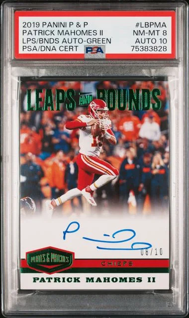2019 Panini Patrick Mahomes II Plates & Patches Leaps And Bounds Autographs Green #LB-PMA card image
