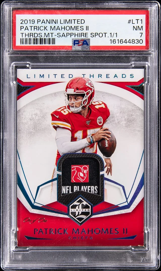 2019 Panini Patrick Mahomes II Limited Threads Material Sapphire Spotlight #LT-1 card image