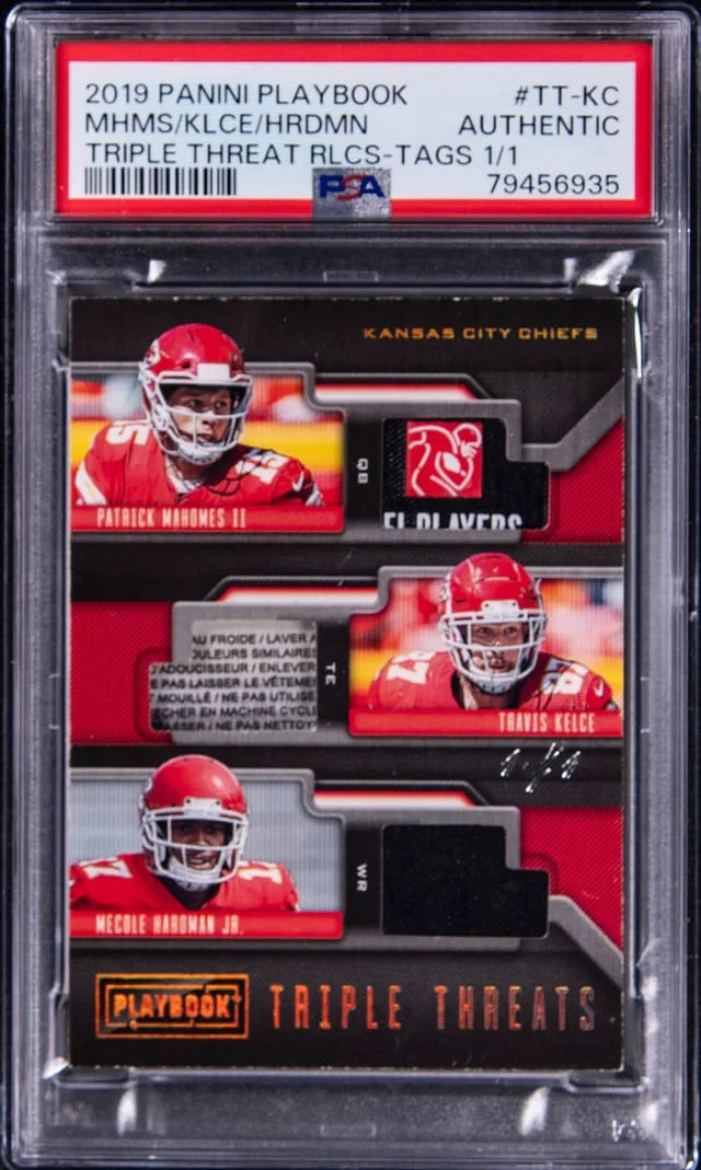 2019 Panini Patrick Mahomes II/Travis Kelce/Mecole Hardman Jr. Playbook Triple Threats Relics Laundry Tags #TT-KC card image
