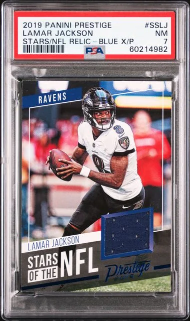 2019 Panini Prestige Stars Of The NFL Relics Blue Xtra Points Sslj Lamar Jackson #no-number card image