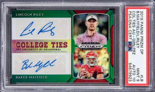 2019 Panini Prizm Draft Picks Baker Mayfield/Lincoln Riley College Ties Autographs Green Prizm #LB card image
