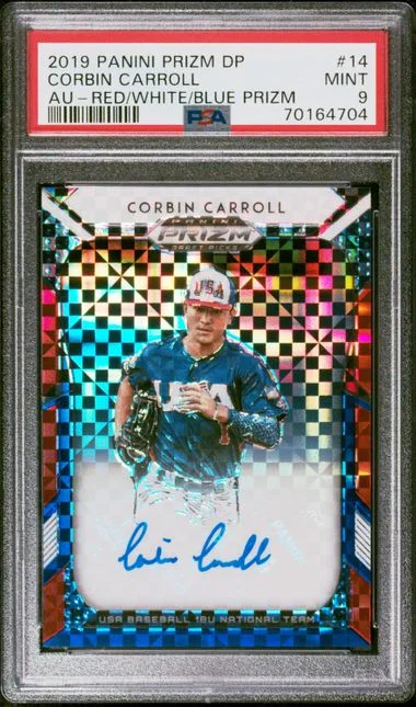 2019 Panini Prizm Draft Picks Corbin Carroll Autograph Red/White/Blue Prizm #14 card image