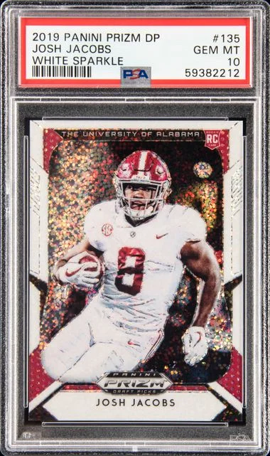 2019 Panini Prizm Josh Jacobs White Sparkle #135 card image