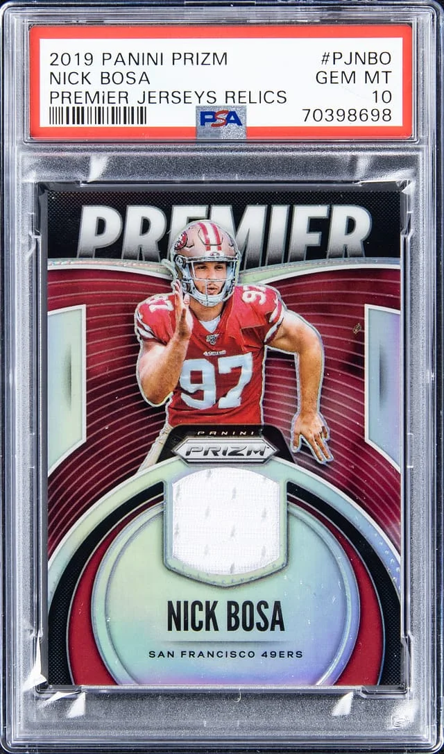 2019 Panini Prizm Nick Bosa Premier Jersey Relics #NBO card image