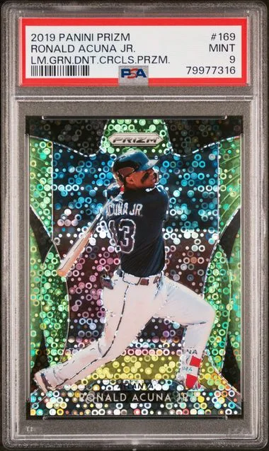 2019 Panini Prizm Ronald Acuna Jr. Lime Green Donut Circles Prizm #169 card image