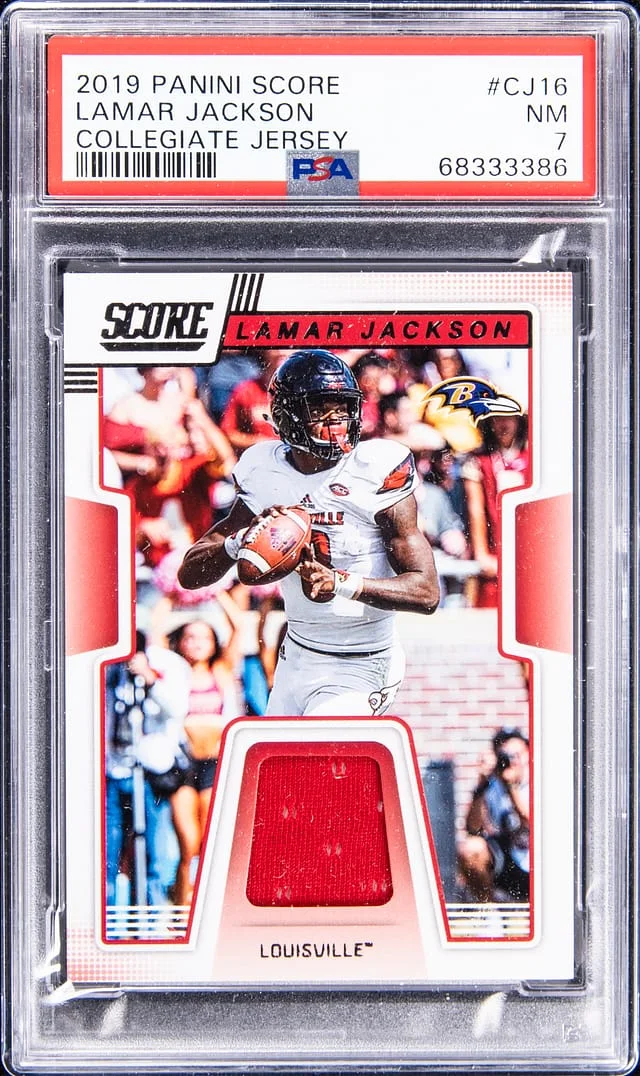 2019 Panini Score Lamar Jackson Patch Cards Collegiate Jersey #CJ-16 card image
