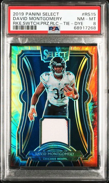 2019 Panini Select David Montgomery Swatches Prizm Relics Tie-Dye #RS-15 card image