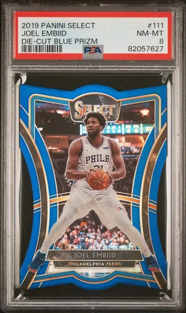 2019 Panini Select Joel Embiid Die-Cut Blue Prizm #111 card image