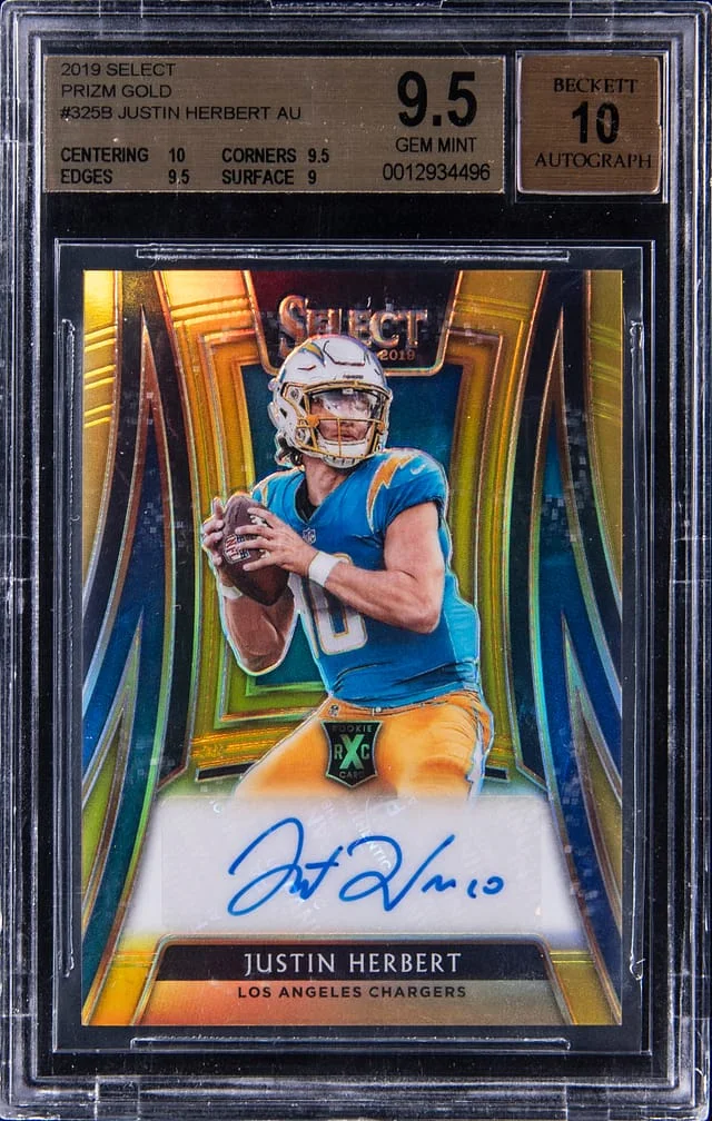 2019 Panini Select Justin Herbert 20 XRC Mystery Autographs Prizm Redemption Gold Prizm #325B card image