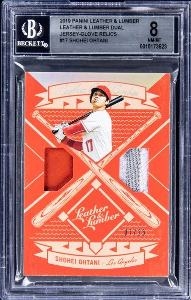 2019 Panini Shohei Ohtani Leather & Lumber Dual Jersey Glove Relics #LLD-SO card image