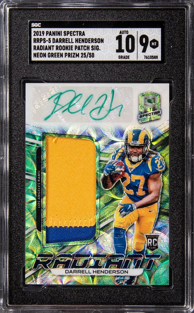 2019 Panini Spectra Darrell Henderson Radiant Patch Signatures Neon Green Prizm #RRPS-5 card image