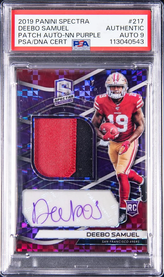 2019 Panini Spectra Deebo Samuel Patch Autographs Neon Purple #217 card image