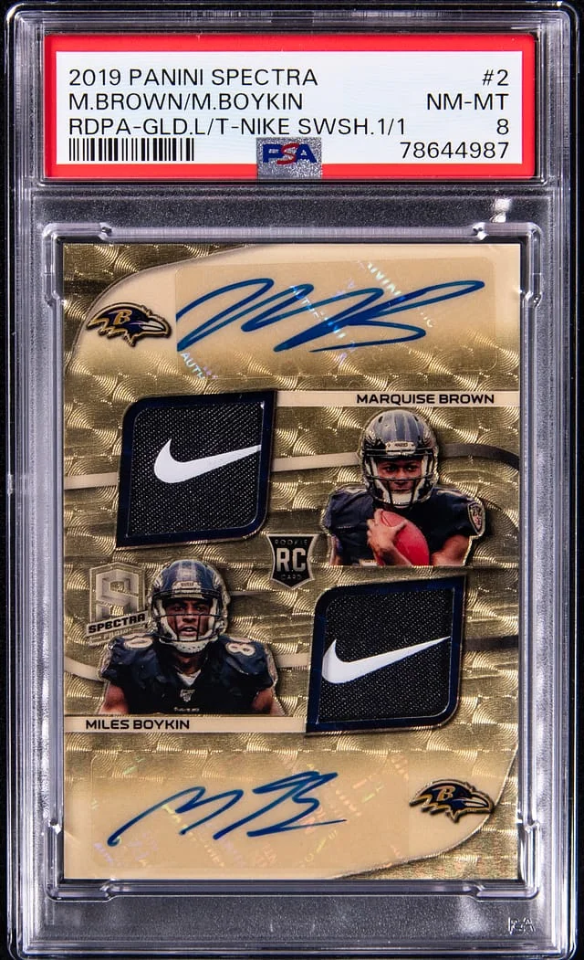 2019 Panini Spectra Marquise Brown/Miles Boykin Dual Patch Autographs Gold Laundry Tags Nike Swoosh #RDPA-2 card image