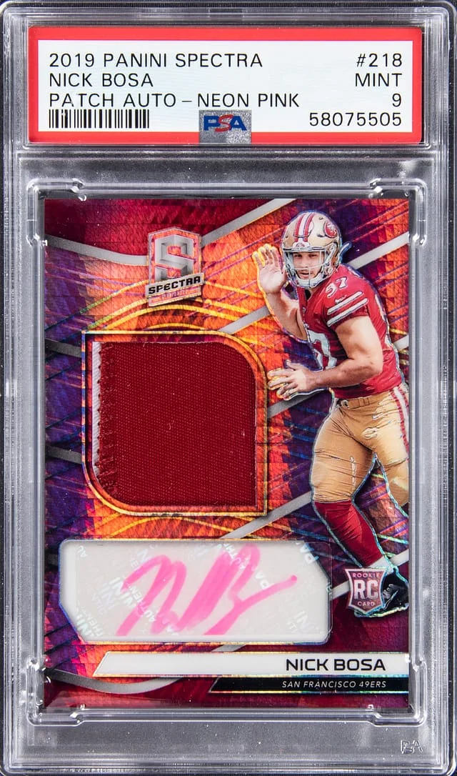 2019 Panini Spectra Nick Bosa Patch Autograph Neon Pink #218 card image