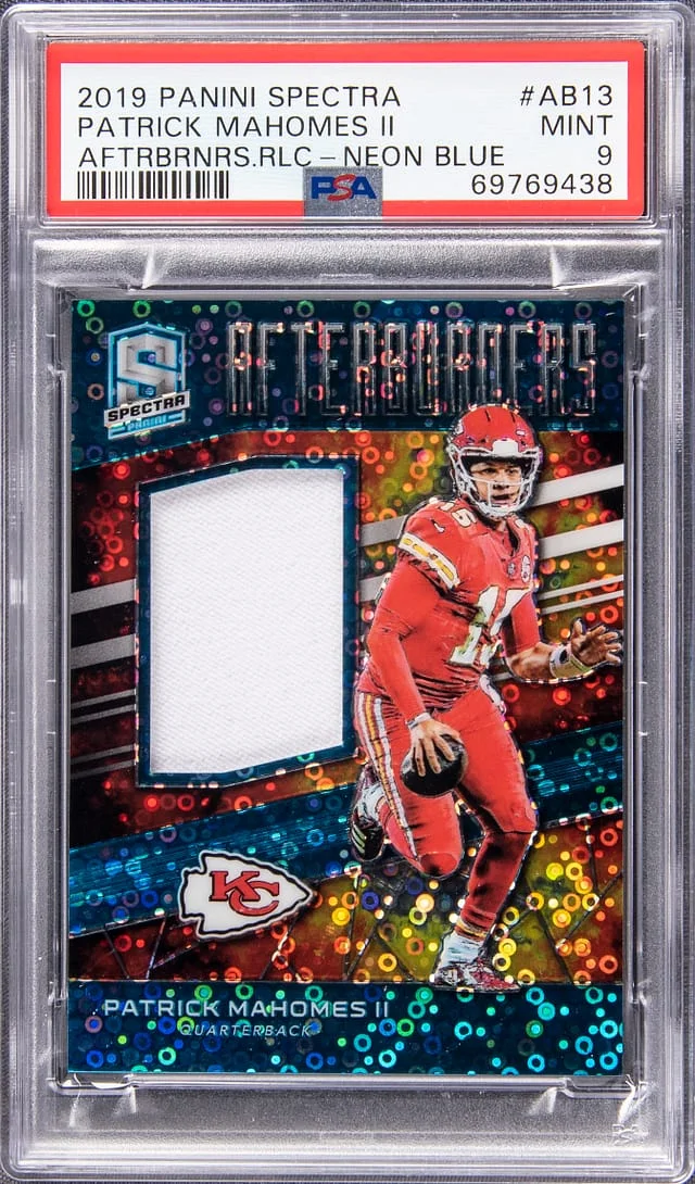 2019 Panini Spectra Patrick Mahomes II Afterburners Relic Neon Blue #AB-13 card image