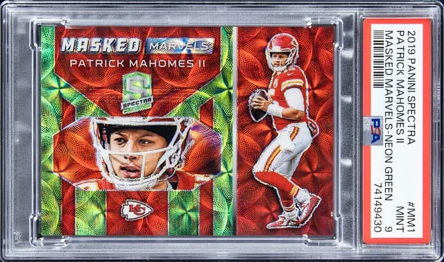 2019 Panini Spectra Patrick Mahomes II Masked Marvels Neon Green #MM-1 card image