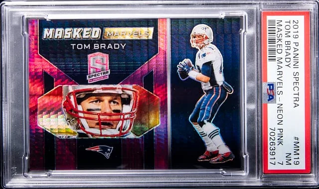 2019 Panini Spectra Tom Brady Masked Marvels Neon Pink #MM19 card image