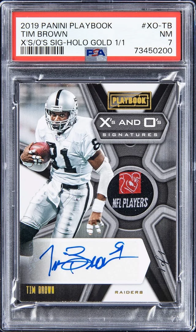 2019 Panini Tim Brown Playbook X's And O's Signature Holo Gold #XD-TB card image