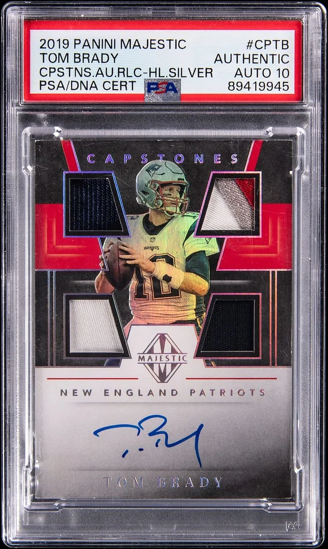 2019 Panini Tom Brady Majestic Capstones Autograph Relic Holo Silver #CP-TB card image