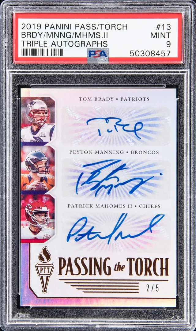 2019 Panini Tom Brady/Peyton Manning/Patrick Mahomes II Multi-Signed Passing The Torch Triple Autographs #PTTT-13 card image