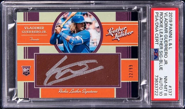 2019 Panini Vladimir Guerrero Jr. Leather & Lumber Leather Signature Blue #137 card image