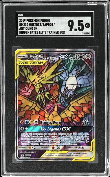 2019 Pokemon Spanish SM Black Star Promo Hidden Fates Elite Trainer Box Full Art Moltres, Zapdos, Articuno GX #SM210 card image
