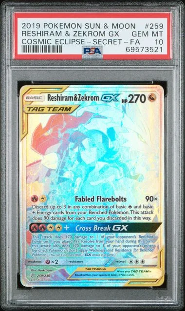 2019 Pokemon Sun and Moon Cosmic Eclipse Secret Rare Full Art /Reshiram & Zekrom GX #259 card image