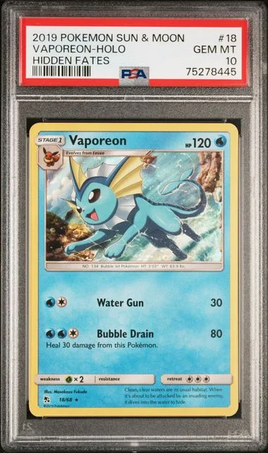 2019 Pokemon Sun and Moon Hidden Fates Holofoil Vaporeon #18 card image