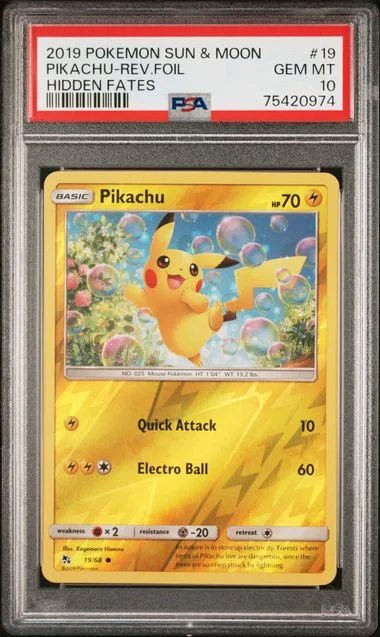2019 Pokemon Sun and Moon Hidden Fates Reverse Foil Pikachu #19 card image