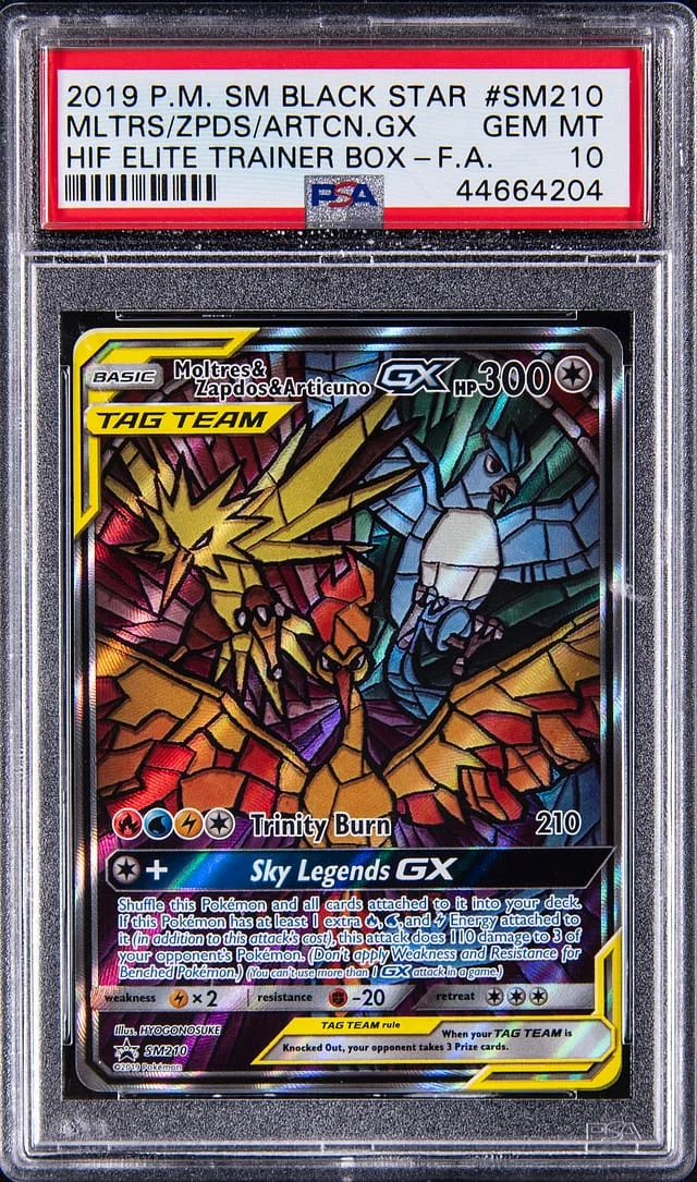 2019 Pokemon Sun & Moon Black Star Hidden Fates Elite Trainer Box Full Art Moltres & Zapdos & Articuno GX #SM210 card image