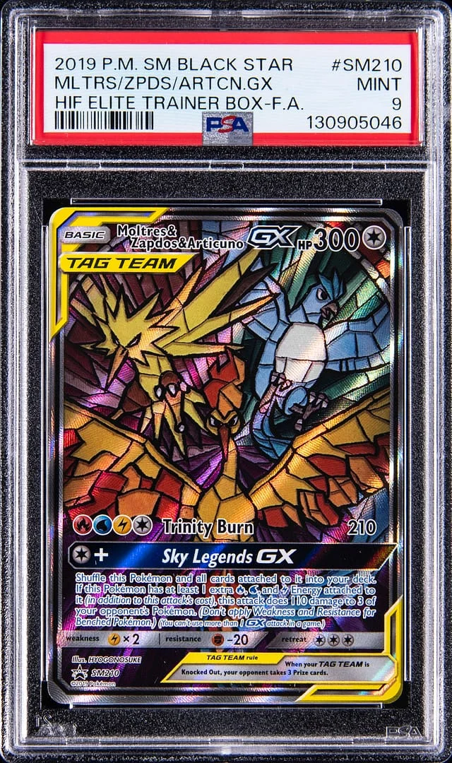 2019 Pokemon Sun & Moon Black Star Hidden Fates Elite Trainer Box Full Art Moltres/Zapdos/Articuno GX #SM210 card image
