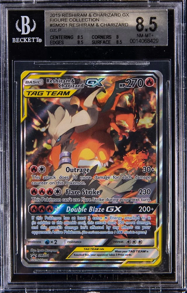 2019 Pokemon Sun & Moon Black Star Promo Figure Collection Full Art Reshiram & Charizard GX #SM201 card image