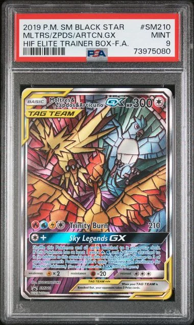 2019 Pokemon Sun & Moon Black Star Promo Hidden Fates Elite Trainer Box Full Art Holofoil Moltres & Zapdos & Articuno GX #SM210 card image