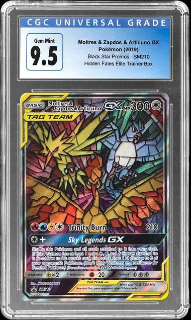 2019 Pokemon Sun & Moon Black Star Promo Hidden Fates Elite Trainer Box Full Art Rare Holofoil Moltres & Zapdos & Articuno GX #SM210 card image