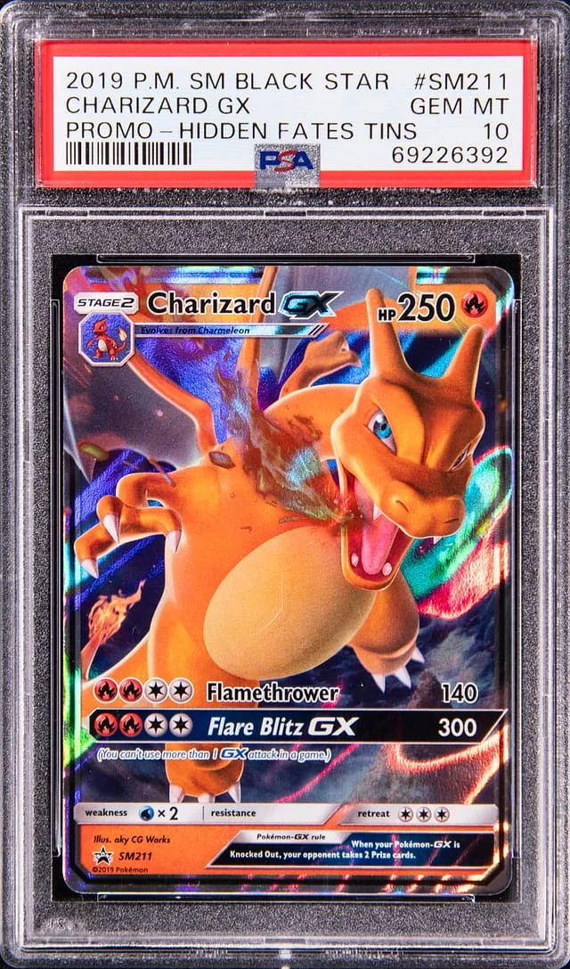 2019 Pokemon Sun & Moon Black Star Promo Hidden Fates Tin Full Art Holofoil Charizard GX #SM211 card image